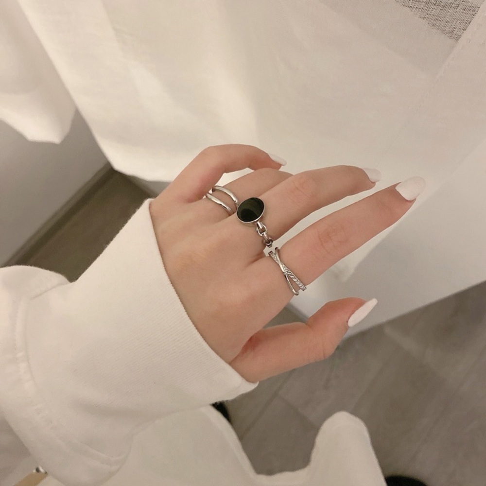 Silver Black Stone 3 Rings Set